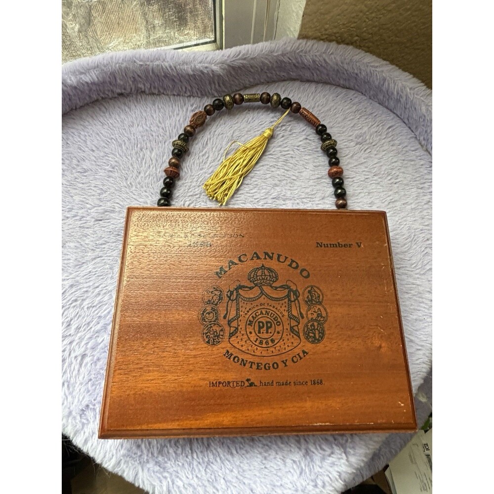 Handmade Cigar Box Purse  Macanudo Wood Boho Beaded Handle Gold Tassel